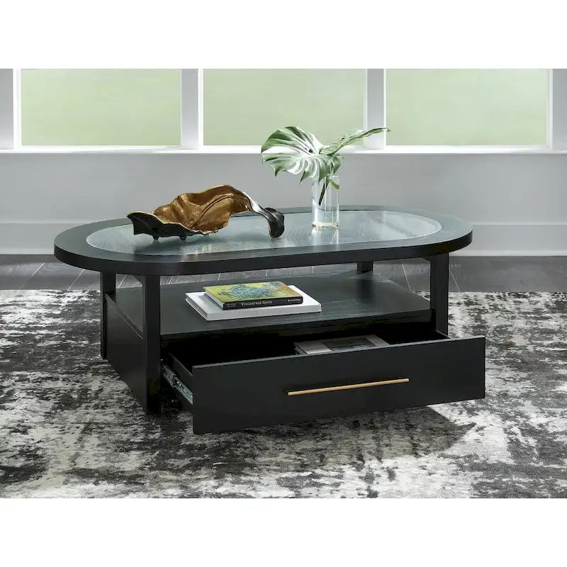 Black/Gray Coffee Table with Fluted Glass Top and Casters - 52W x 28D x 18.25H