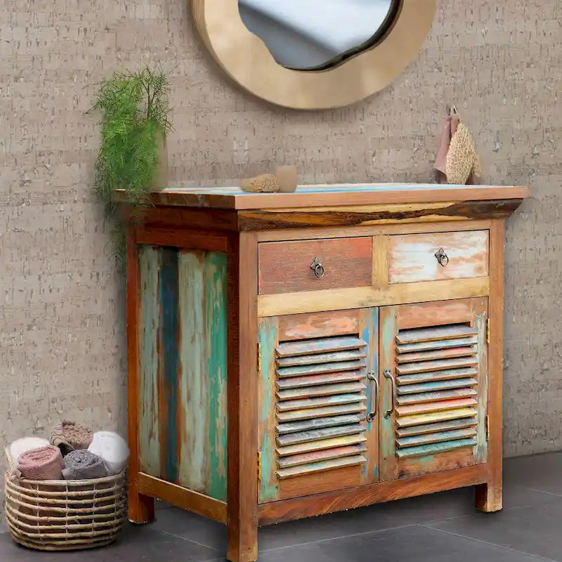 Recycled Teak Wood Louvered Linen Cabinet with 2 Doors and 2 Drawers