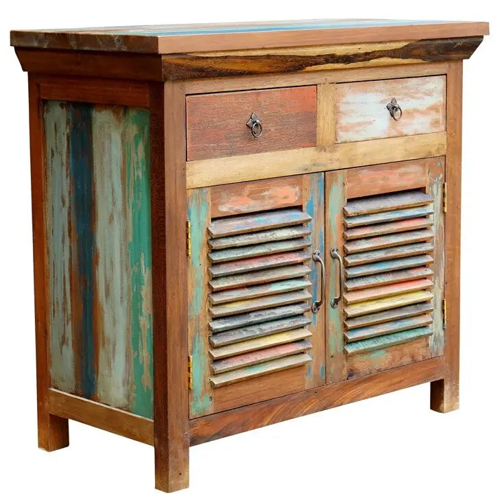 Recycled Teak Wood Louvered Linen Cabinet with 2 Doors and 2 Drawers