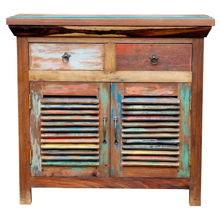 Recycled Teak Wood Louvered Linen Cabinet with 2 Doors and 2 Drawers