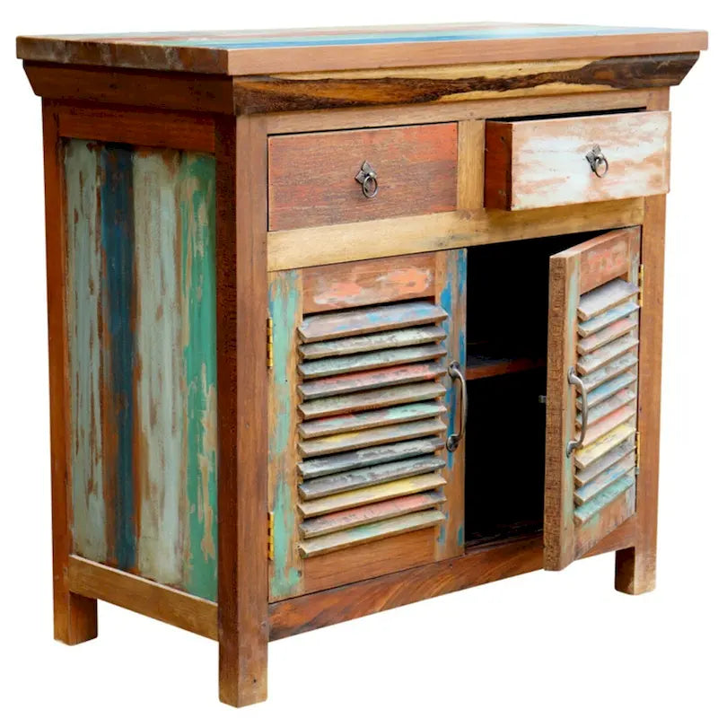 Recycled Teak Wood Louvered Linen Cabinet with 2 Doors and 2 Drawers